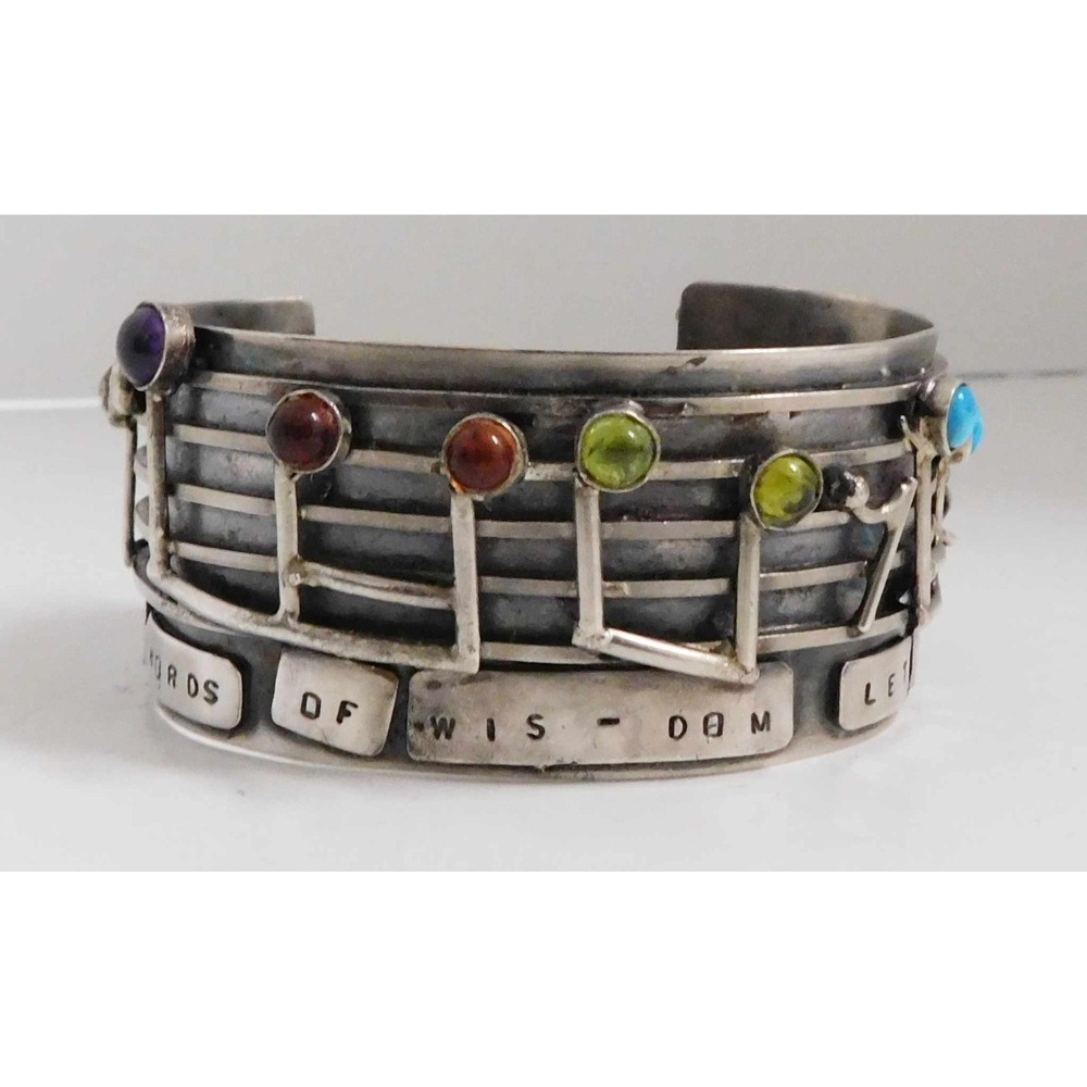 BK Silver Gemstone Musical Notes Cuff Bracelet 64.8g